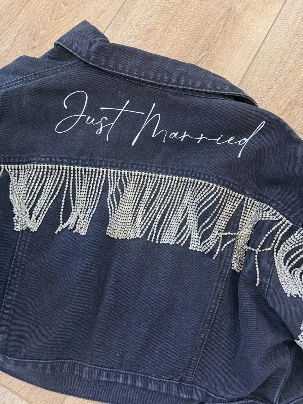 Custom Just Married Rhinestone Fringe Denim Jacket